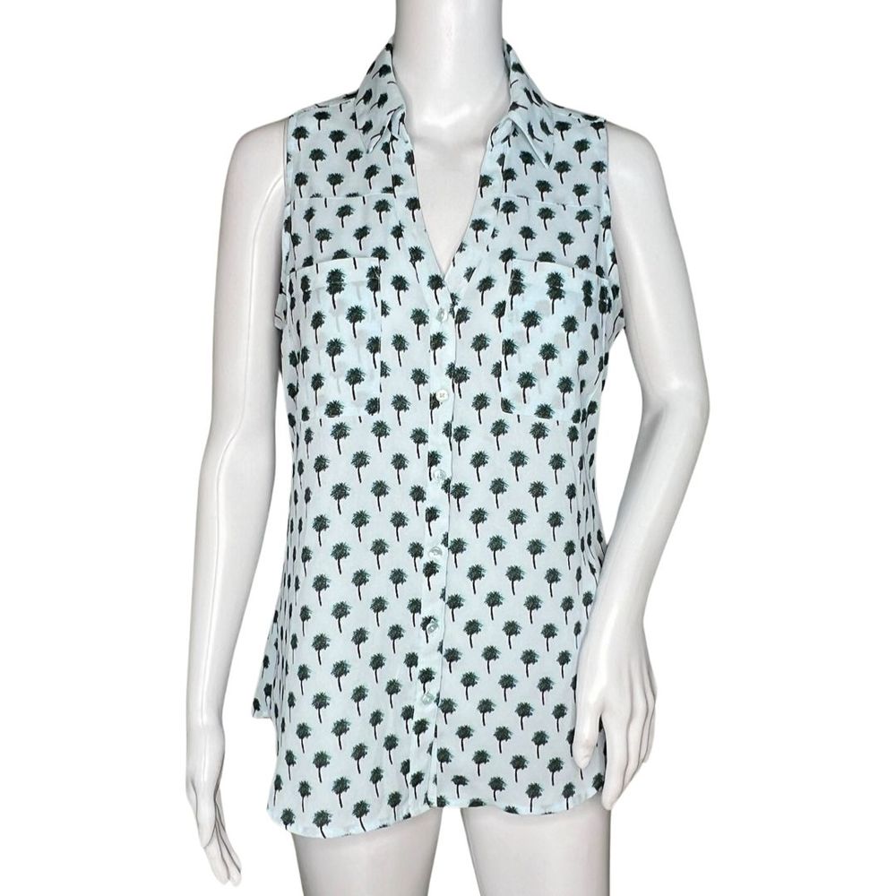 Express Shirt‎ Women Small Blue Tree Print Sleeveless Button Up Casual Whimsical